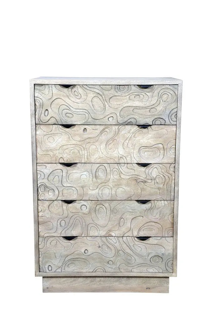 35" Gray Carved Abstract Solid Wood Five Drawer Dresser - NOBLE HOME INTERIORS