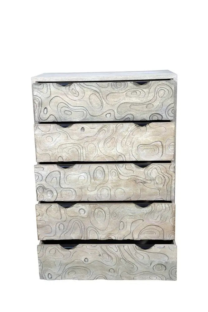 35" Gray Carved Abstract Solid Wood Five Drawer Dresser - NOBLE HOME INTERIORS
