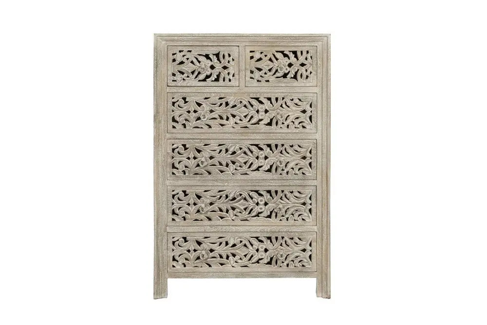 35" Gray Carved Floral Solid Wood Six Drawer Dresser - NOBLE HOME INTERIORS