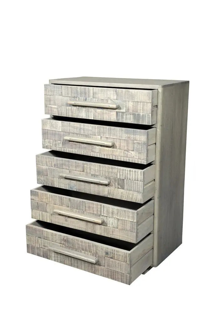 35" Gray Carved Geometric Solid Wood Five Drawer Dresser - NOBLE HOME INTERIORS