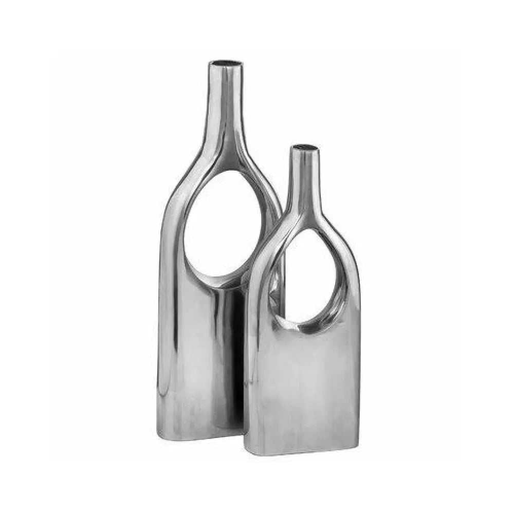 Set of Two Silver Aluminum Modern Hole Table Vases HomeRoots