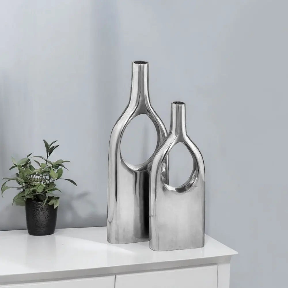 Set of Two Silver Aluminum Modern Hole Table Vases HomeRoots