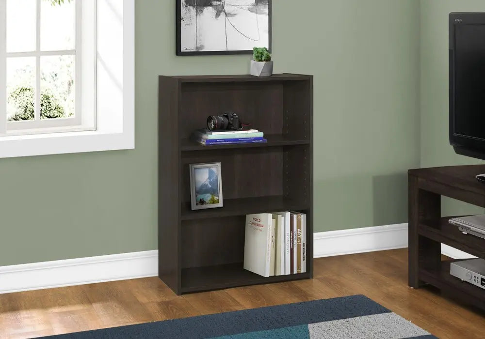 36" Espresso Wood Adjustable Three Tier Bookcase HomeRoots