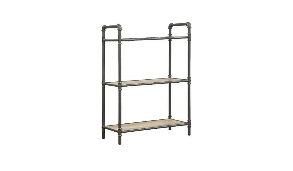 36" Antique Oak and Sandy Gray Metal Three Tier Standard Bookcase - NOBLE HOME INTERIORS