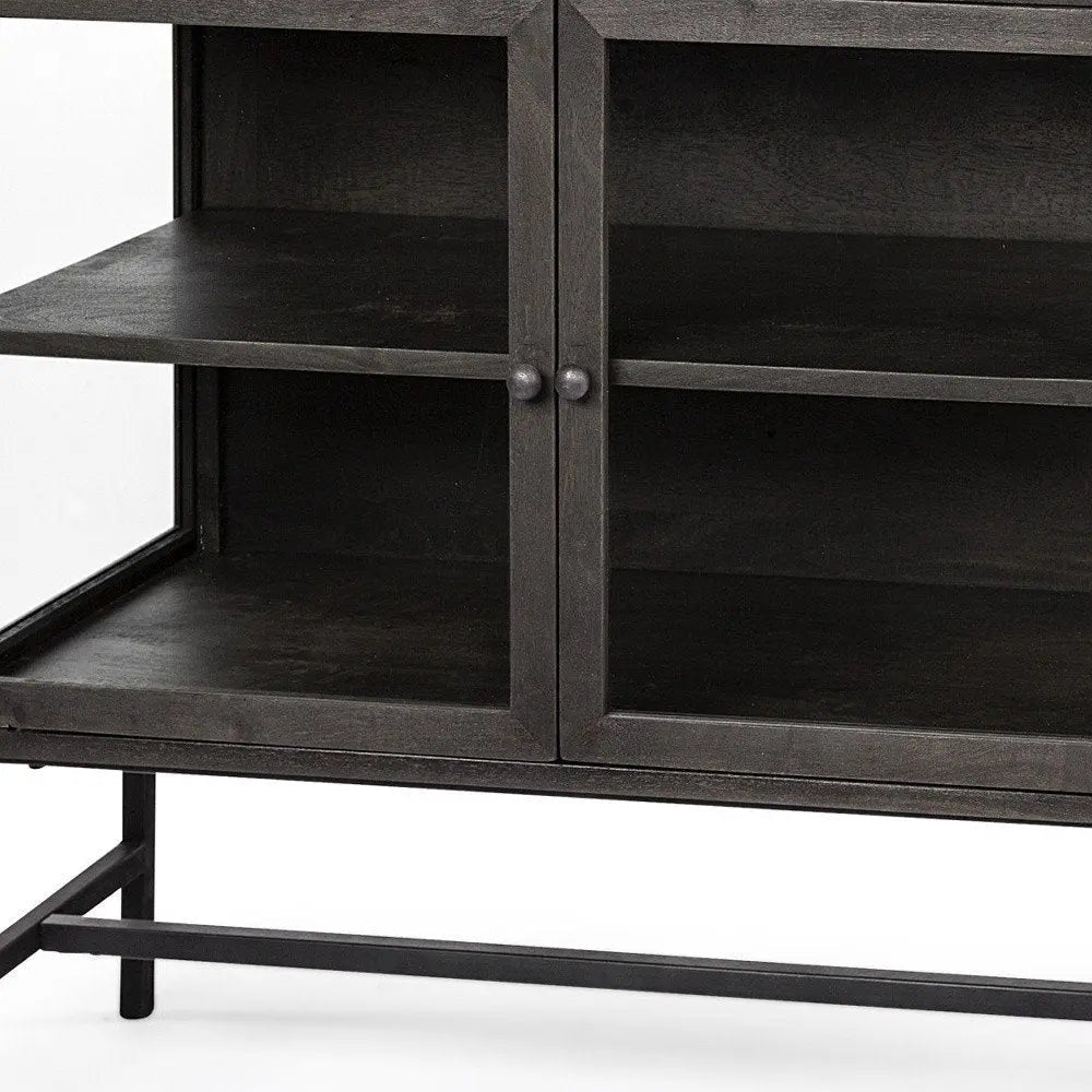 36" Brown and Black Solid Wood and Metal Display Cabinet With Two Doors - NOBLE HOME INTERIORS
