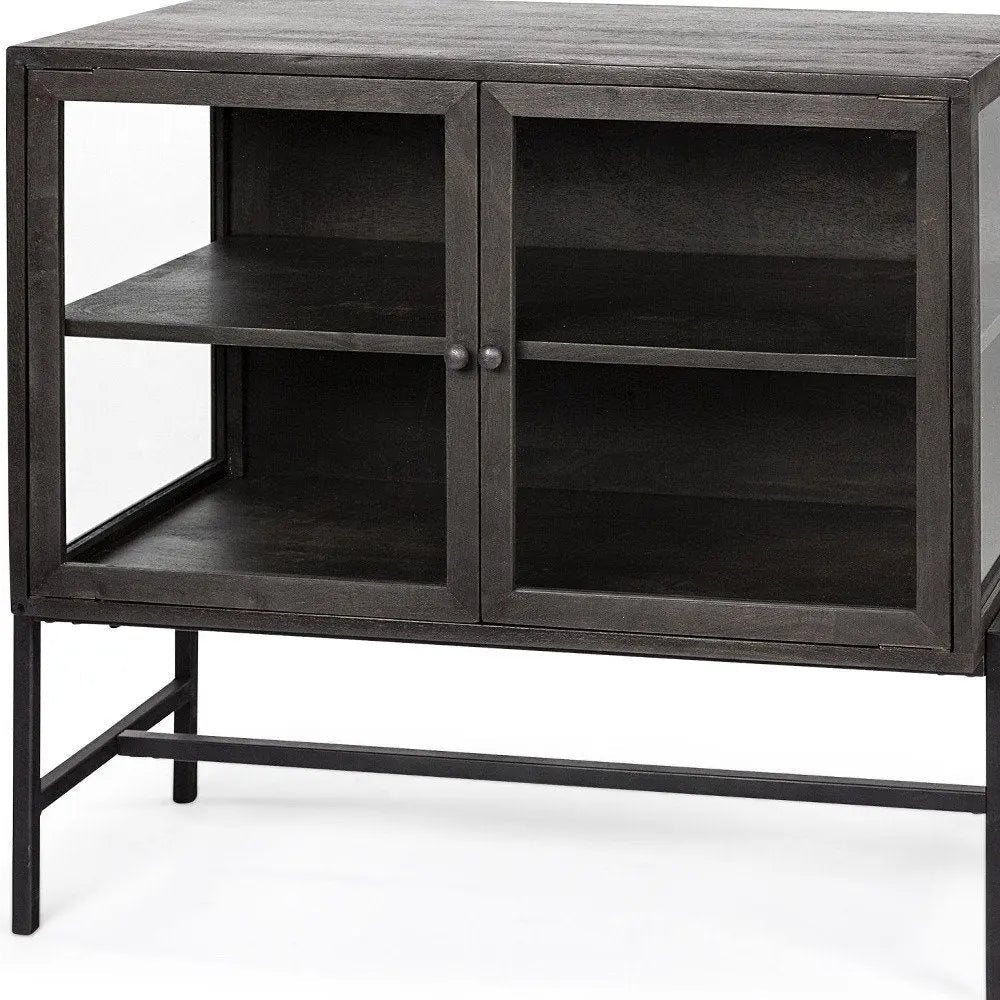36" Brown and Black Solid Wood and Metal Display Cabinet With Two Doors - NOBLE HOME INTERIORS