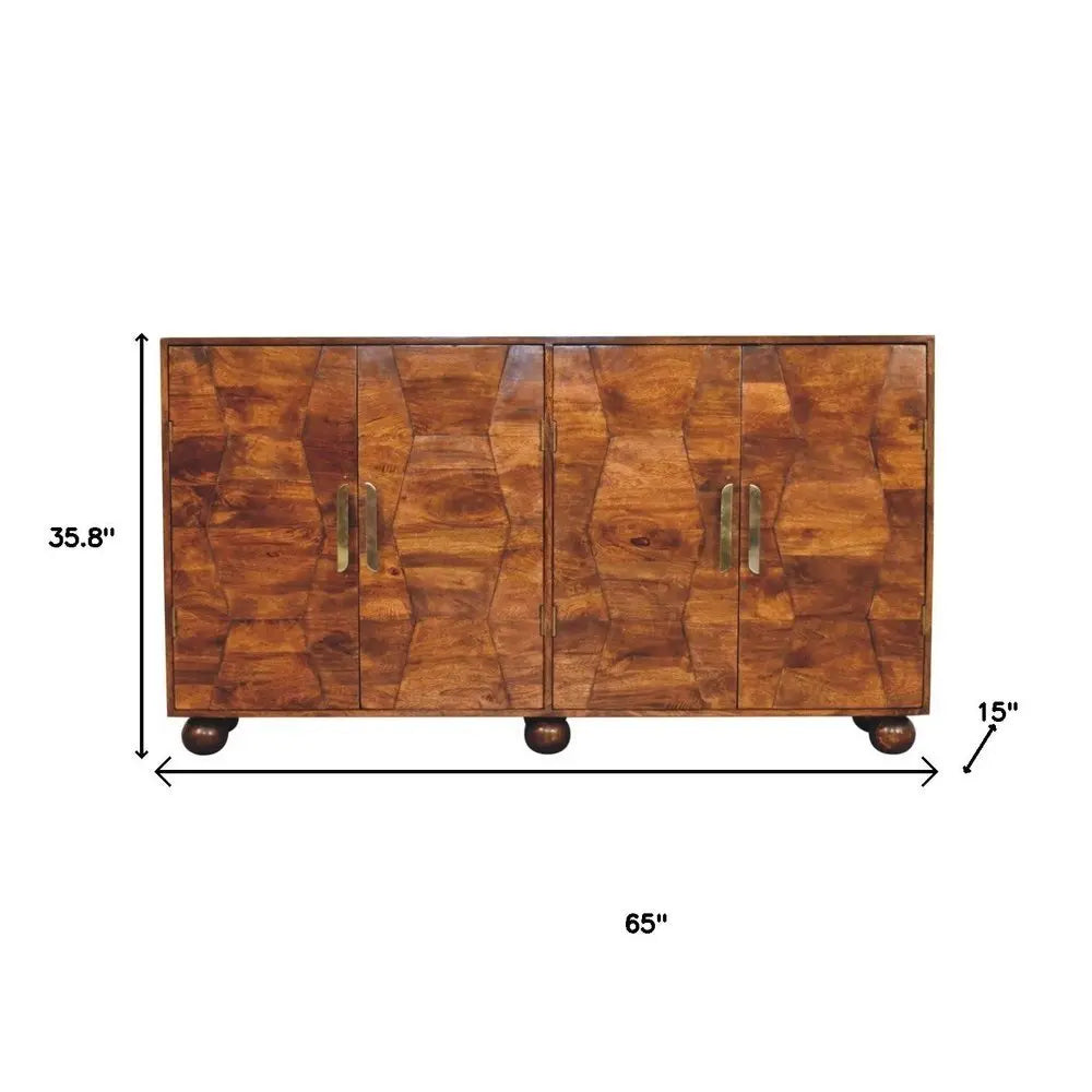 36" Chestnut Solid Wood Carved Geometric Accent Cabinet With Four Doors - NOVA HOME FURNITURE