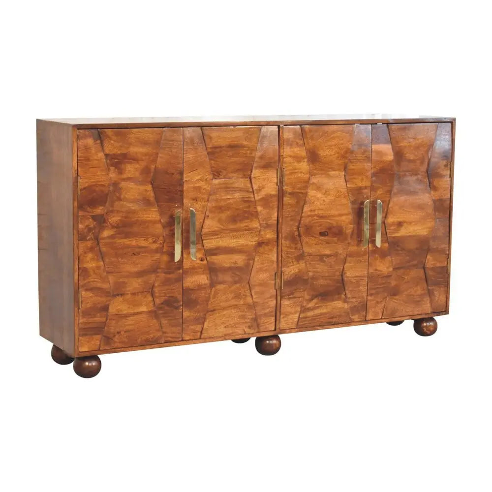 36" Chestnut Solid Wood Carved Geometric Accent Cabinet With Four Doors - NOVA HOME FURNITURE