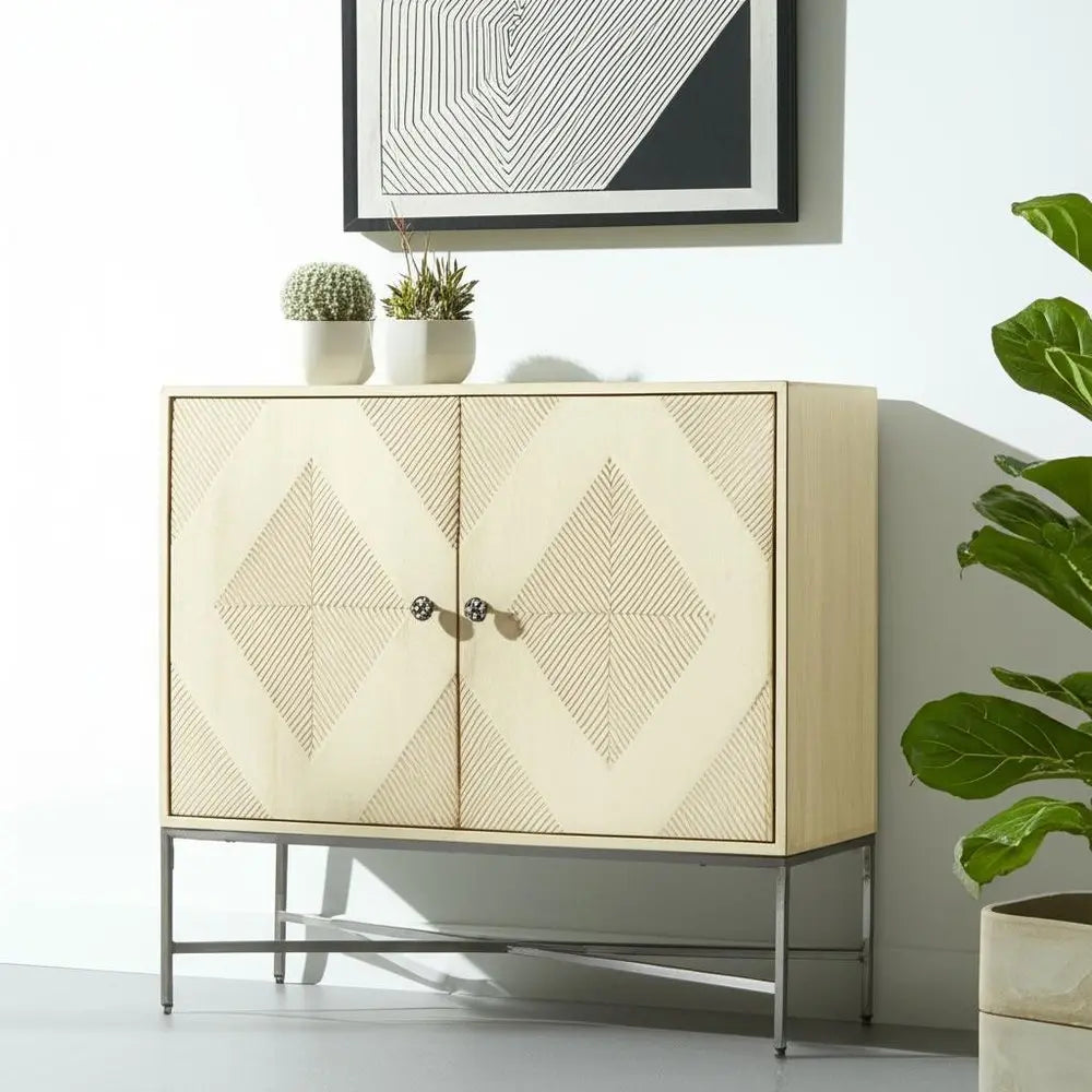 36" Cream and Gray Solid Wood and Iron Carved Geometric Accent Cabinet With Two Doors - NOVA HOME FURNITURE