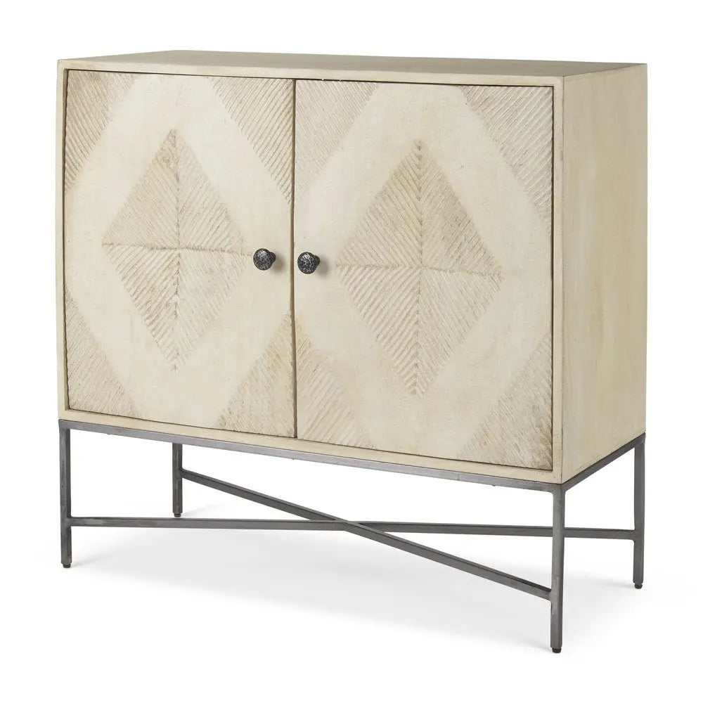36" Cream and Gray Solid Wood and Iron Carved Geometric Accent Cabinet With Two Doors - NOVA HOME FURNITURE