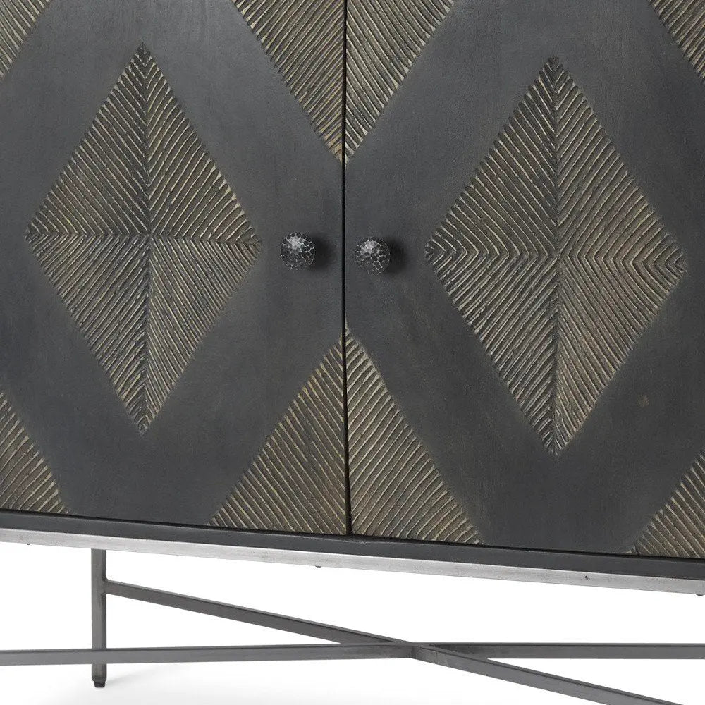 36" Dark Brown and Silver Solid Wood and Iron Carved Geometric Accent Cabinet With Two Doors - NOBLE HOME INTERIORS