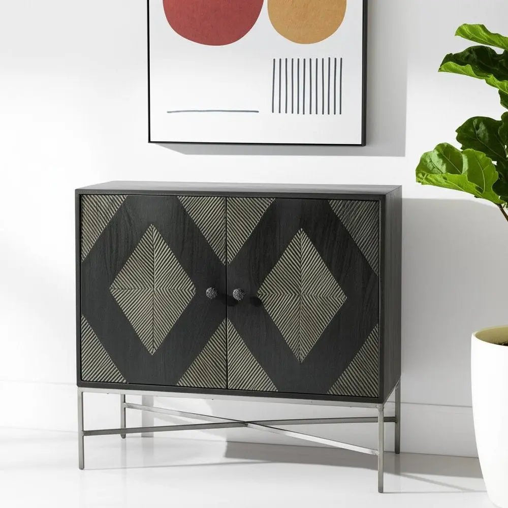36" Dark Brown and Silver Solid Wood and Iron Carved Geometric Accent Cabinet With Two Doors - NOBLE HOME INTERIORS