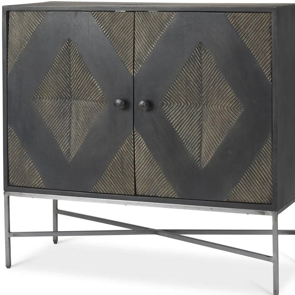 36" Dark Brown and Silver Solid Wood and Iron Carved Geometric Accent Cabinet With Two Doors - NOBLE HOME INTERIORS