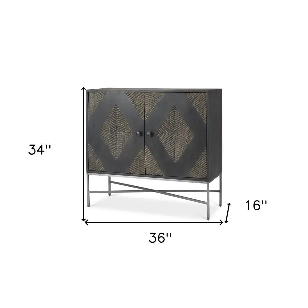 36" Dark Brown and Silver Solid Wood and Iron Carved Geometric Accent Cabinet With Two Doors - NOBLE HOME INTERIORS