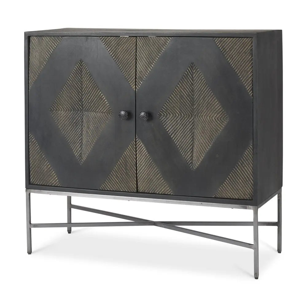 36" Dark Brown and Silver Solid Wood and Iron Carved Geometric Accent Cabinet With Two Doors - NOBLE HOME INTERIORS