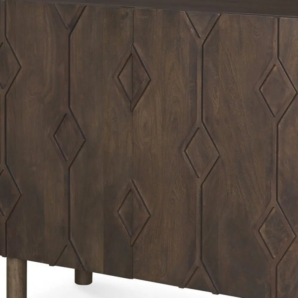 36" Dark Brown Solid Wood Carved Geometric Accent Cabinet With Two Doors - NOBLE HOME INTERIORS