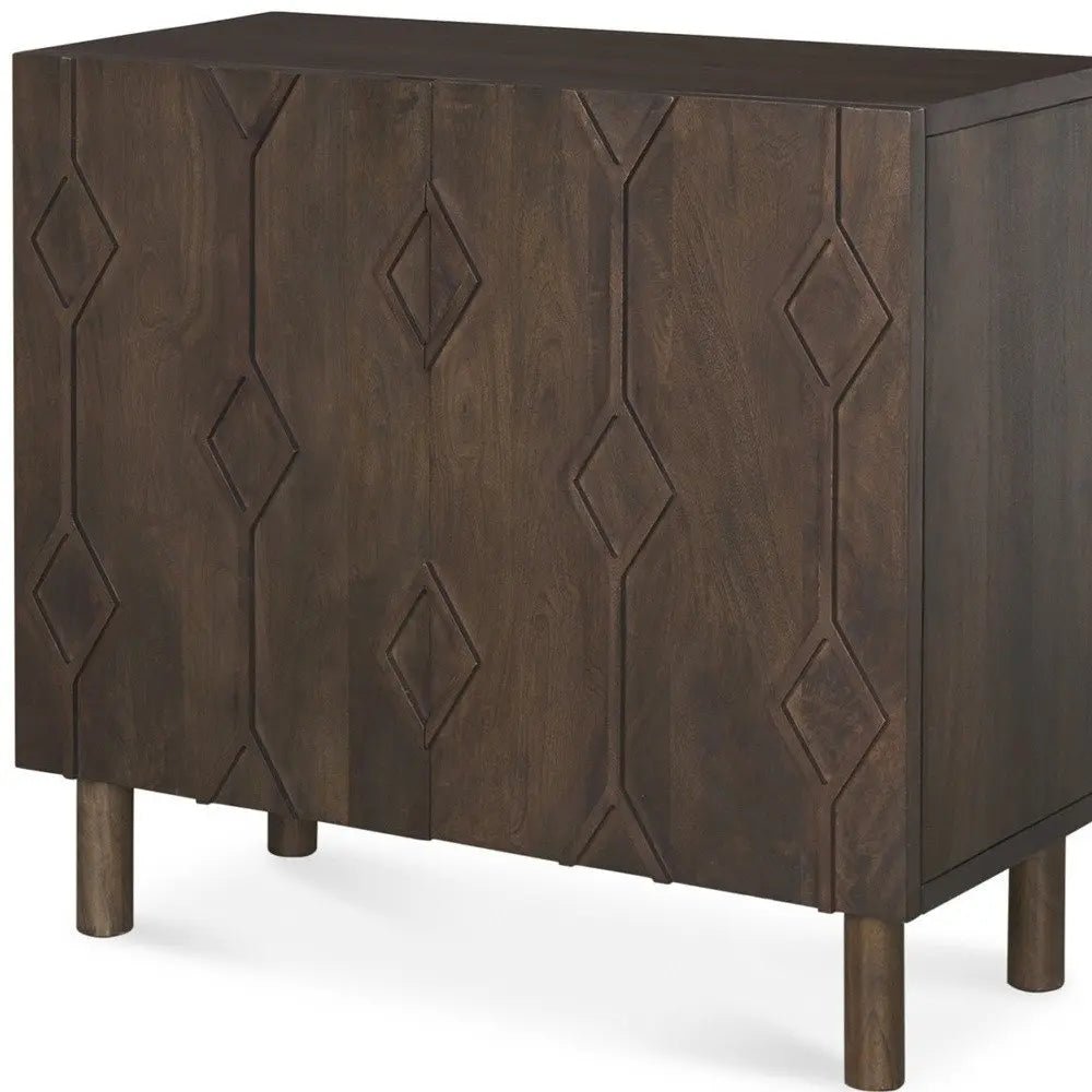 36" Dark Brown Solid Wood Carved Geometric Accent Cabinet With Two Doors - NOBLE HOME INTERIORS