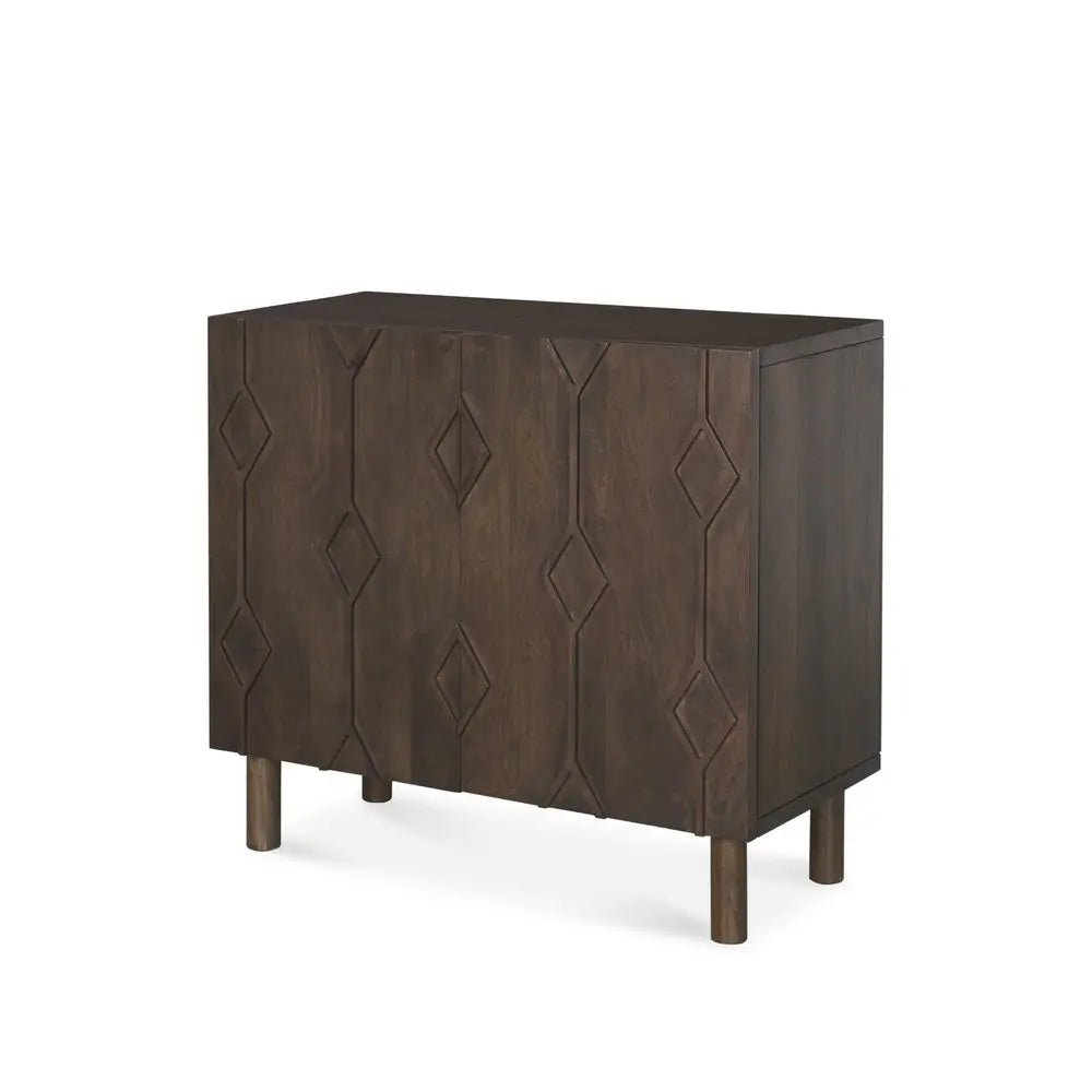 36" Dark Brown Solid Wood Carved Geometric Accent Cabinet With Two Doors - NOBLE HOME INTERIORS