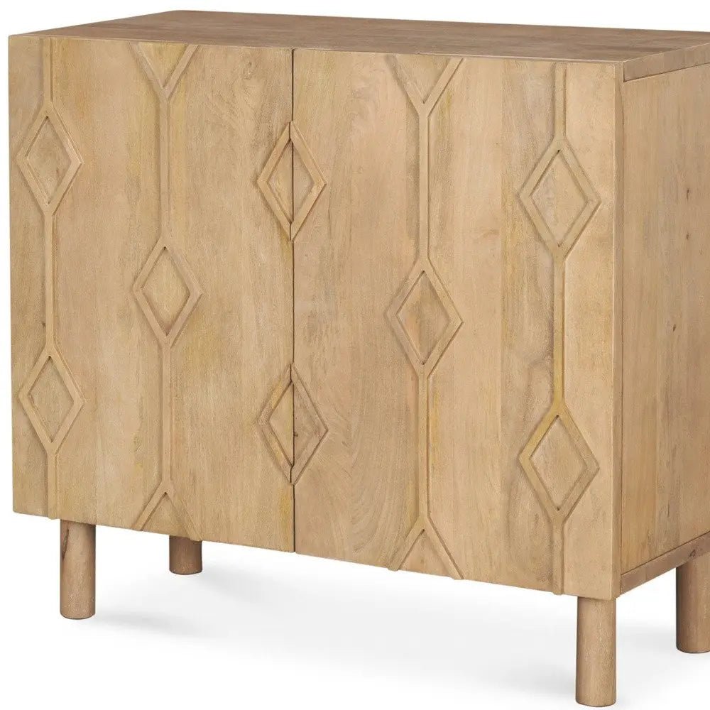 36" Natural Solid Wood Carved Geometric Accent Cabinet With Two Doors - NOBLE HOME INTERIORS