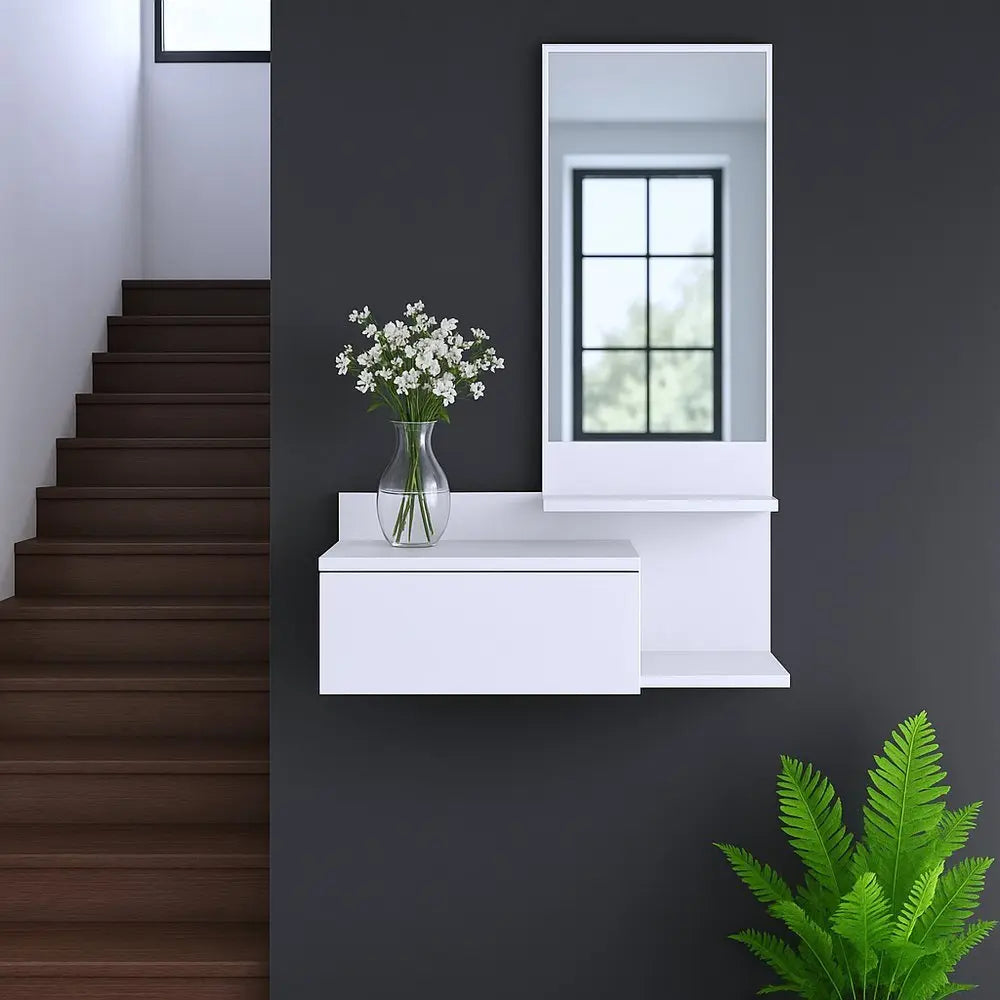 36" White Wood Wall Mounted Accent Cabinet With Drawer And Mirror - NOVA HOME FURNITURE