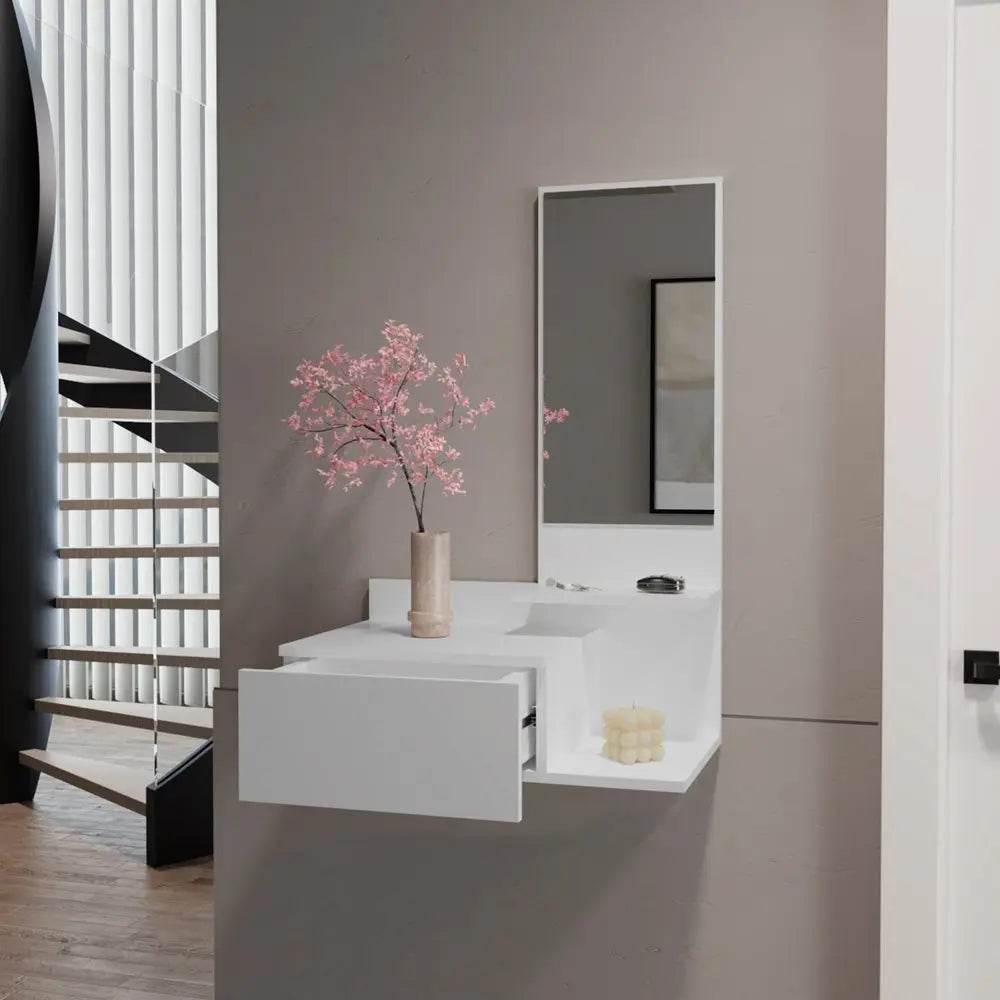 36" White Wood Wall Mounted Accent Cabinet With Drawer And Mirror - NOVA HOME FURNITURE