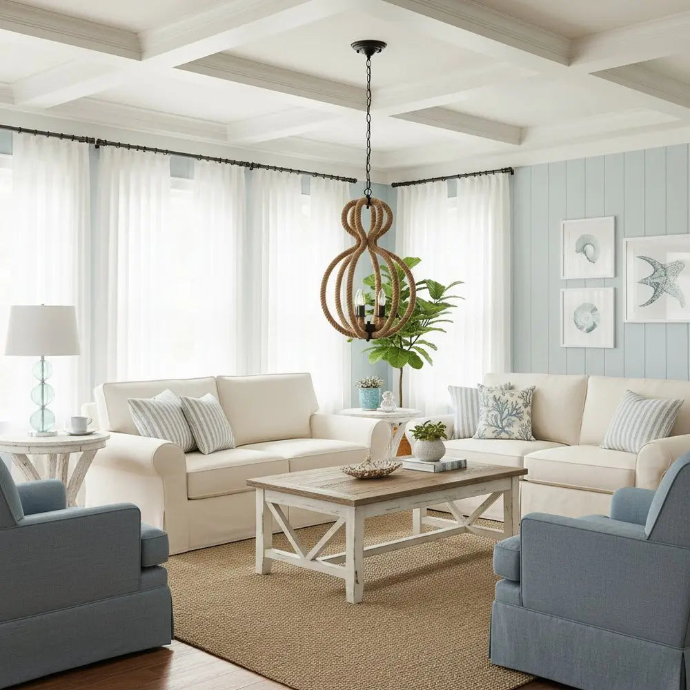 Natural and Black Iron and Rope Three Light Ceiling Light HomeRoots