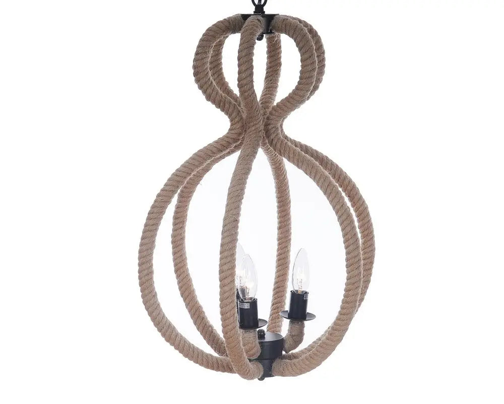Natural and Black Iron and Rope Three Light Ceiling Light HomeRoots