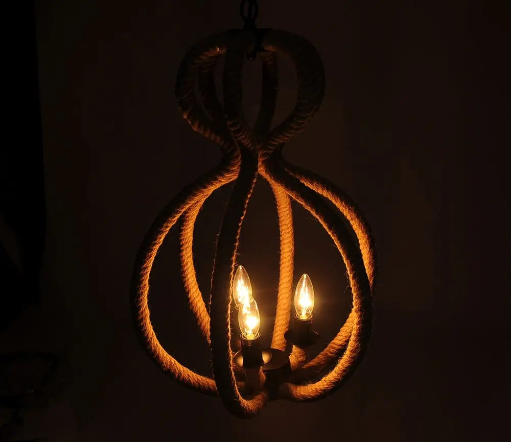 Natural and Black Iron and Rope Three Light Ceiling Light HomeRoots