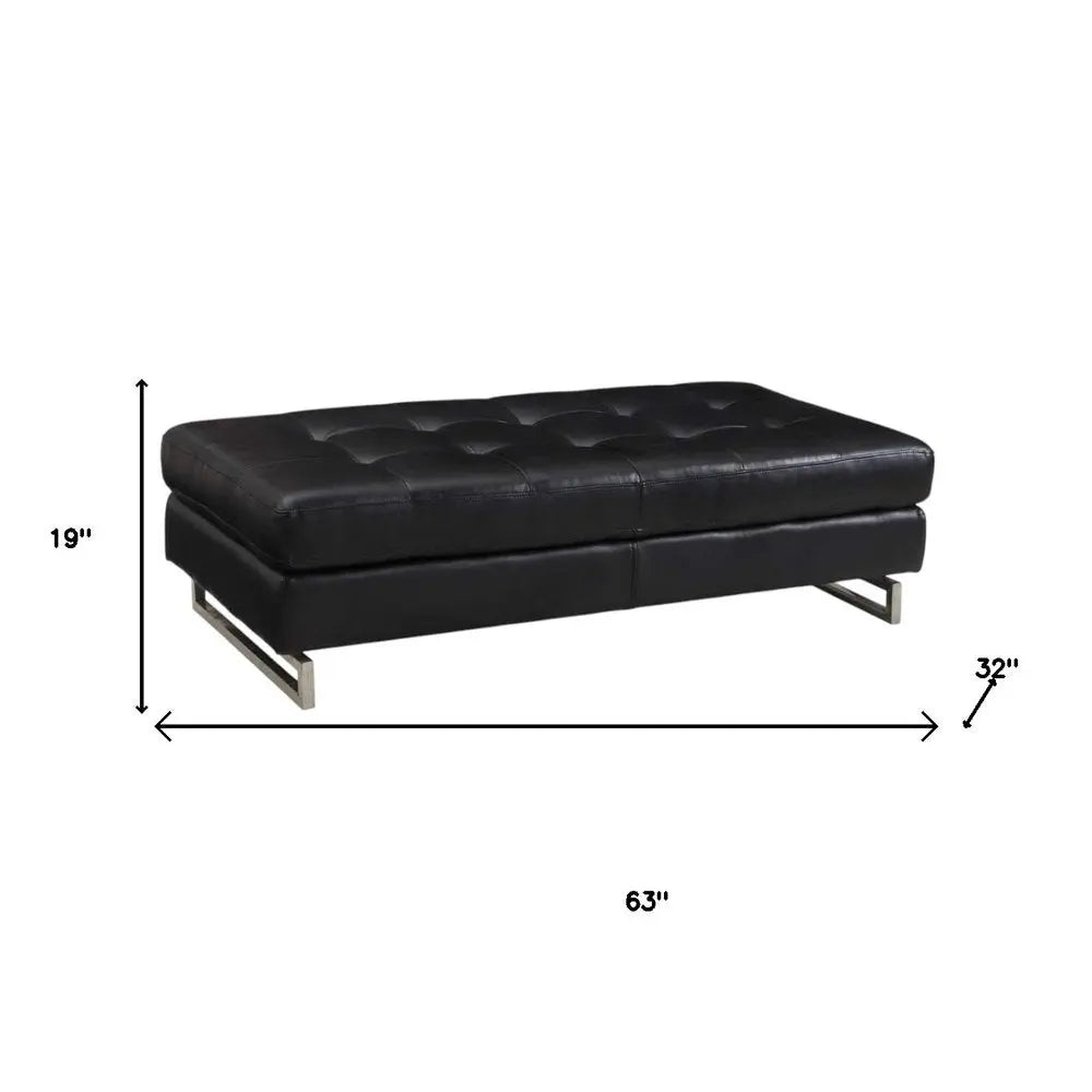 63" Black Tufted Faux Leather and Silver Ottoman HomeRoots