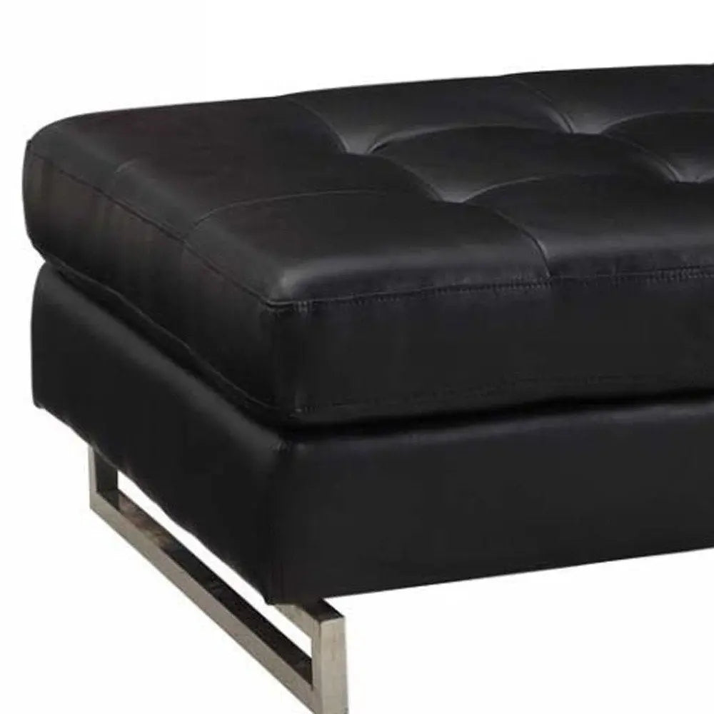 63" Black Tufted Faux Leather and Silver Ottoman HomeRoots