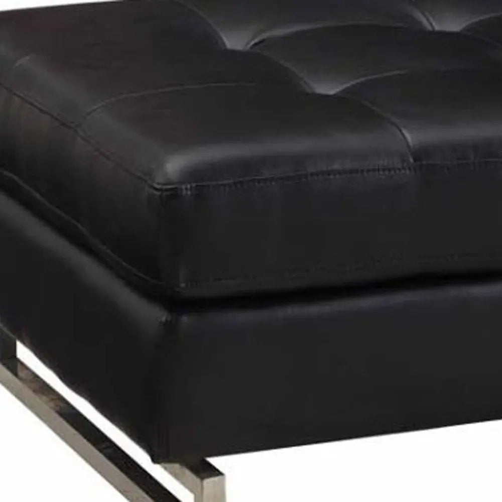 63" Black Tufted Faux Leather and Silver Ottoman HomeRoots