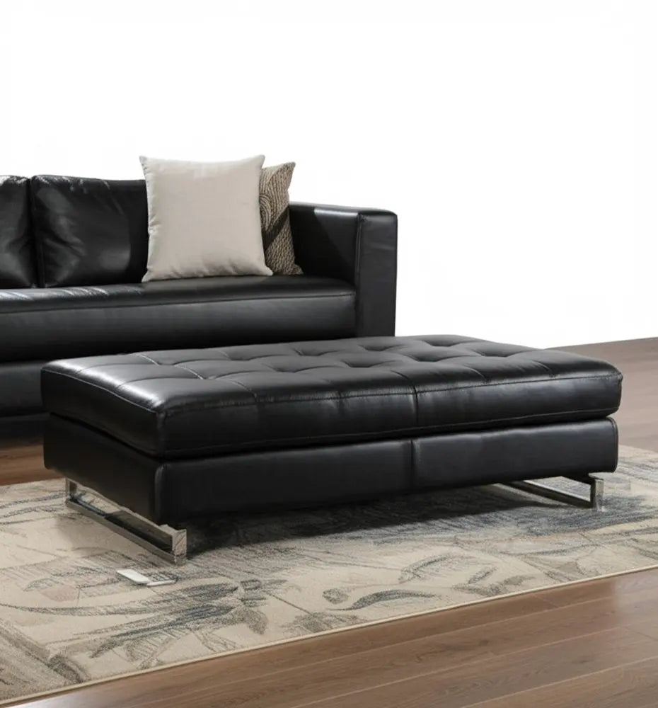 63" Black Tufted Faux Leather and Silver Ottoman HomeRoots
