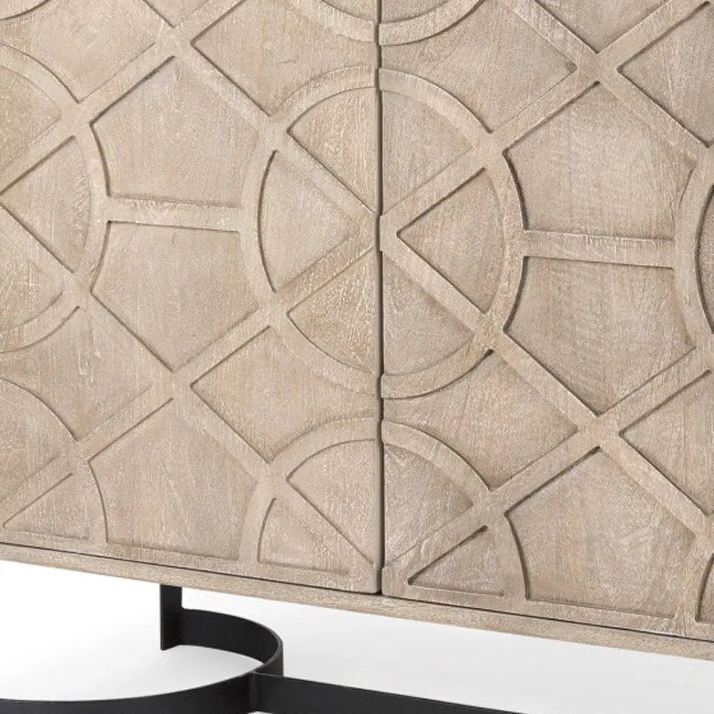 37" Brown and Black Solid Wood and Metal Carved Geometric Accent Cabinet With Two Doors - NOVA HOME FURNITURE