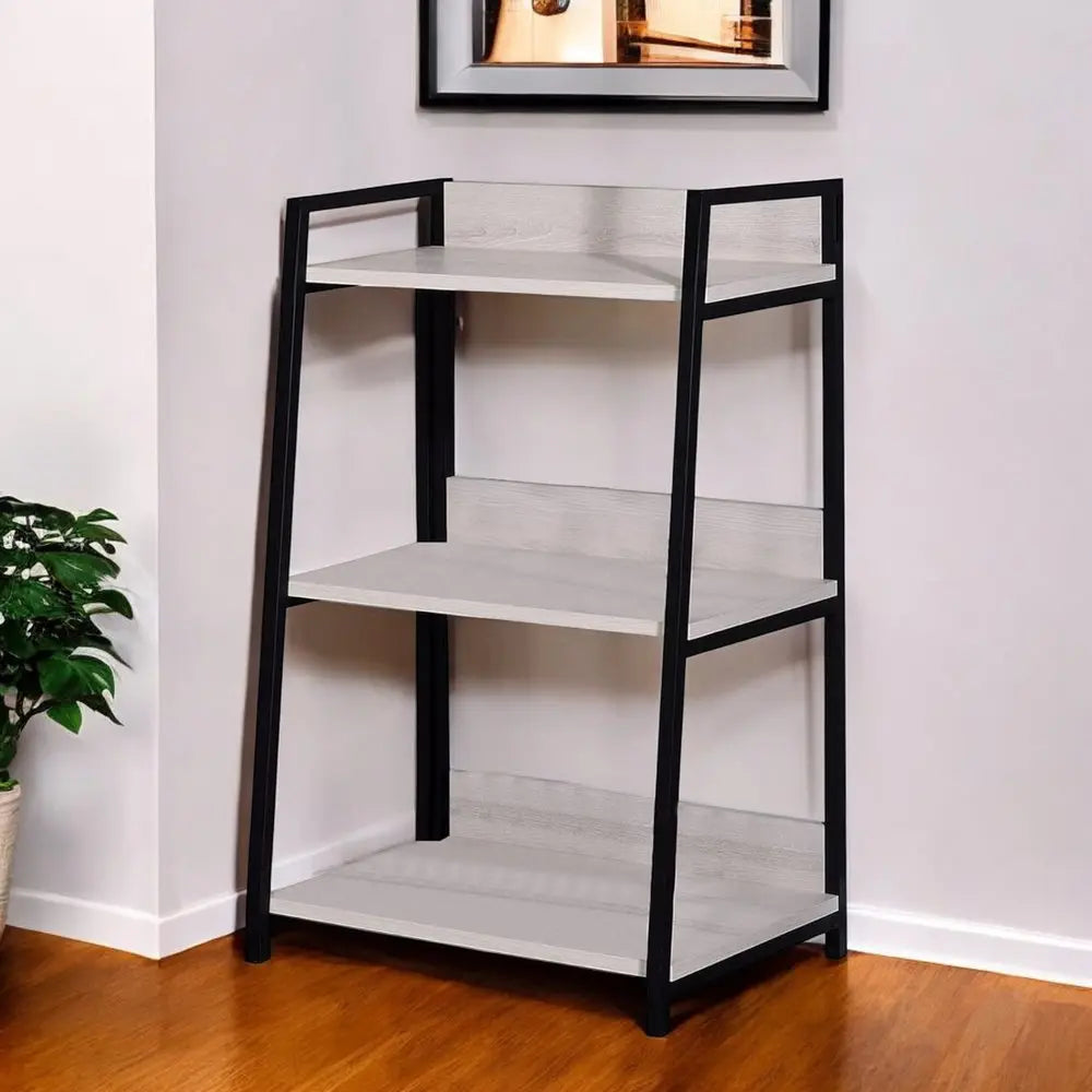 37" Natural and Black Metal Three Tier Ladder Bookcase - NOBLE HOME INTERIORS