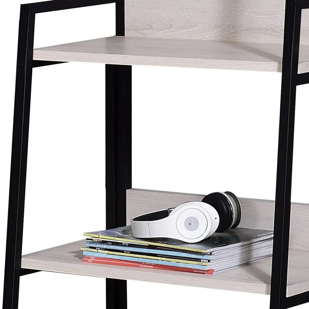 37" Natural and Black Metal Three Tier Ladder Bookcase - NOBLE HOME INTERIORS