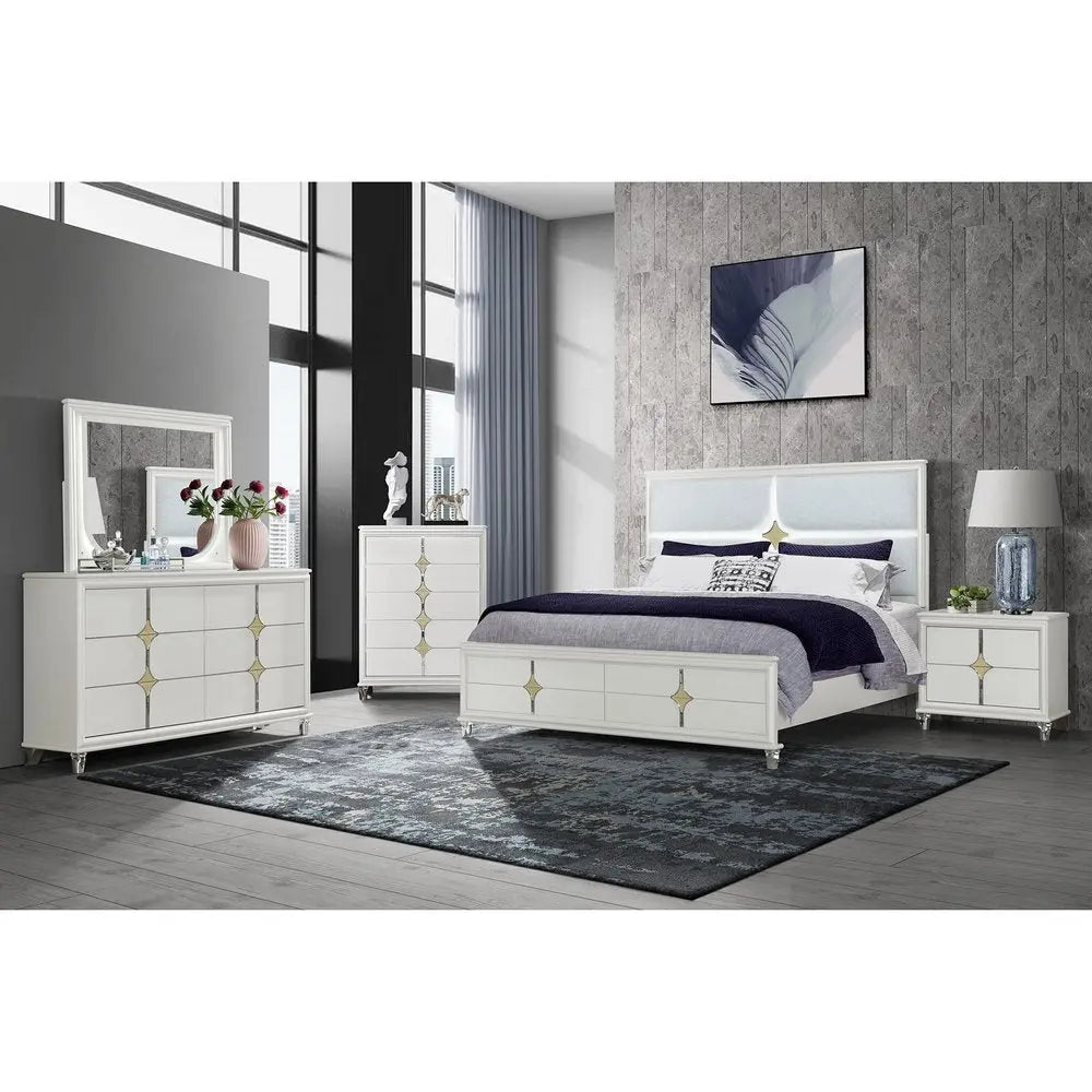 37" White Wood With Gold Faux Crystal Bling Wood Five Drawer Dresser - NOBLE HOME INTERIORS