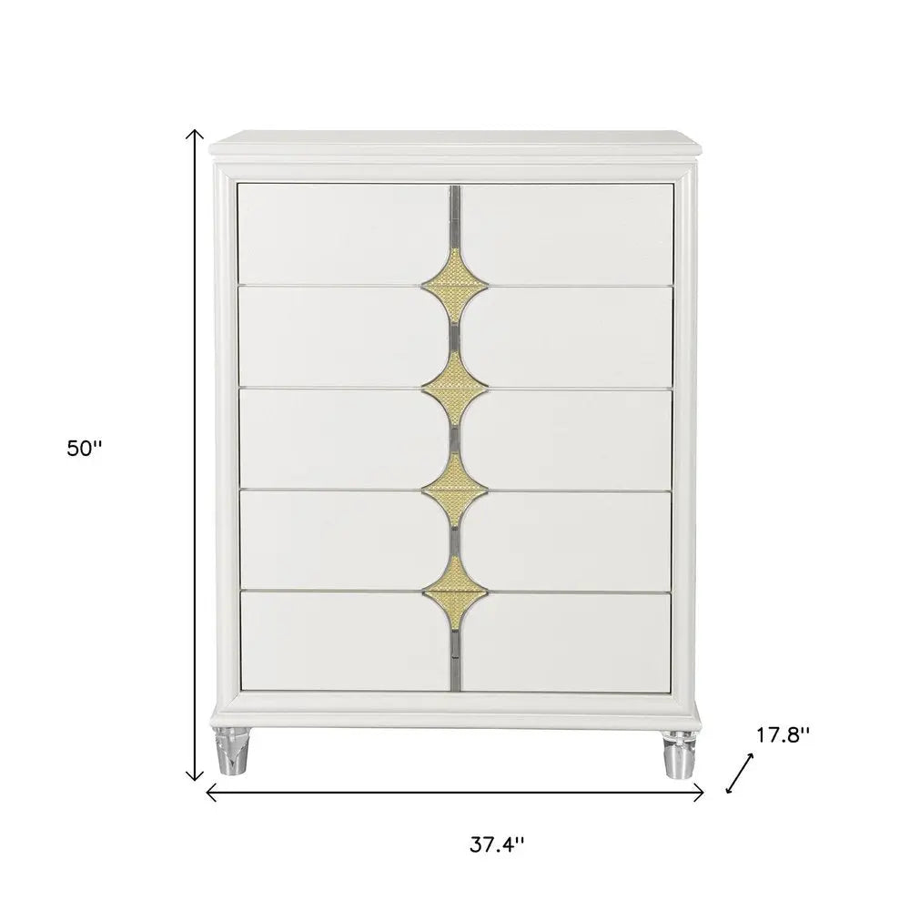 37" White Wood With Gold Faux Crystal Bling Wood Five Drawer Dresser - NOBLE HOME INTERIORS