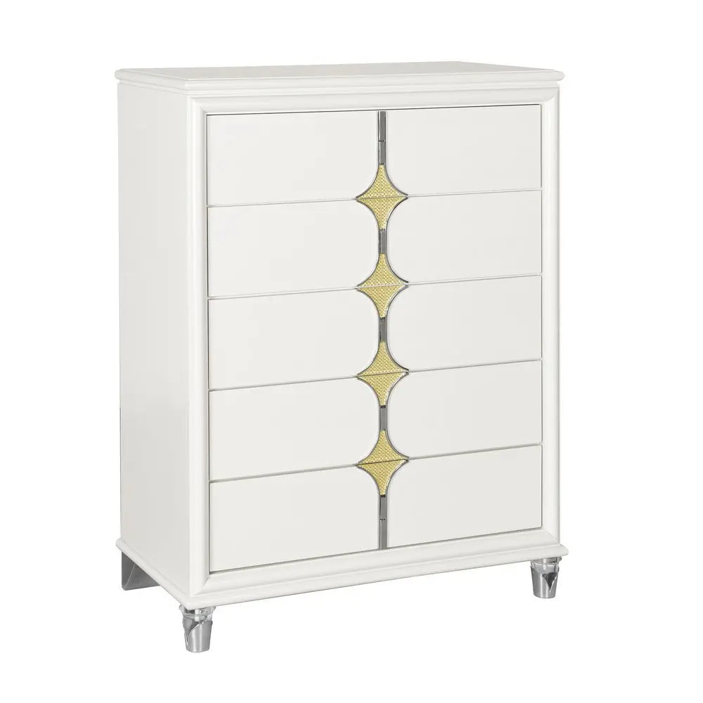 37" White Wood With Gold Faux Crystal Bling Wood Five Drawer Dresser - NOBLE HOME INTERIORS