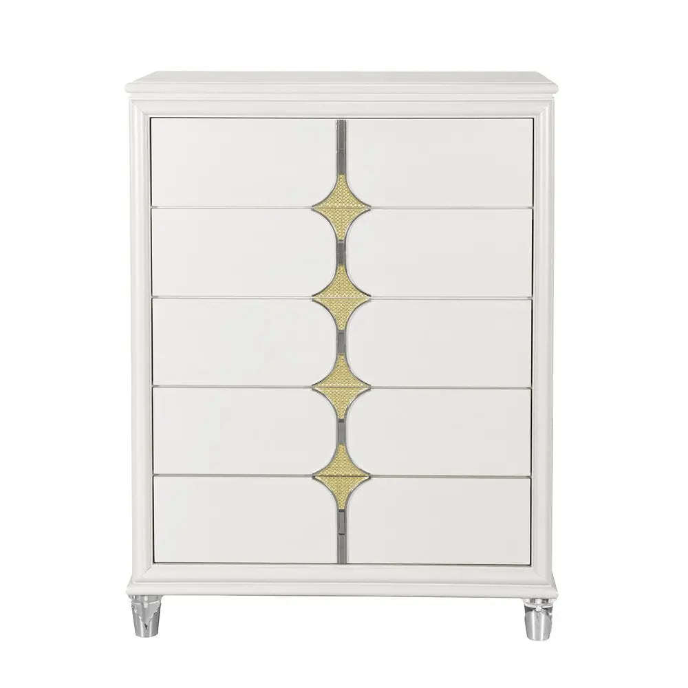 37" White Wood With Gold Faux Crystal Bling Wood Five Drawer Dresser - NOBLE HOME INTERIORS
