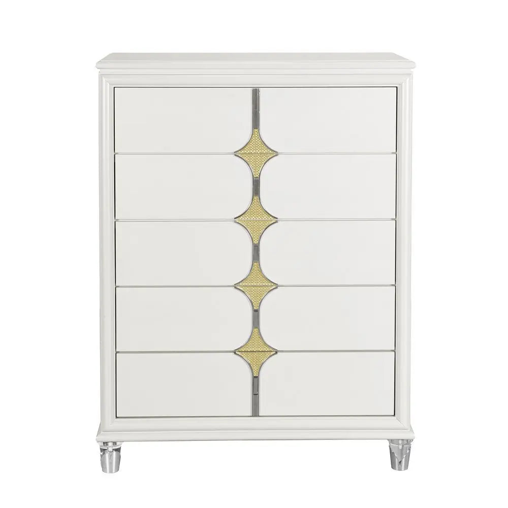 37" White Wood With Gold Faux Crystal Bling Wood Five Drawer Dresser - NOBLE HOME INTERIORS