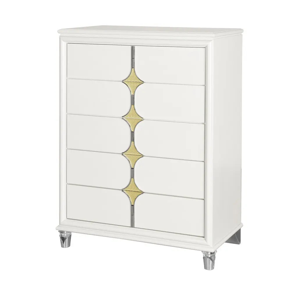 37" White Wood With Gold Faux Crystal Bling Wood Five Drawer Dresser - NOBLE HOME INTERIORS