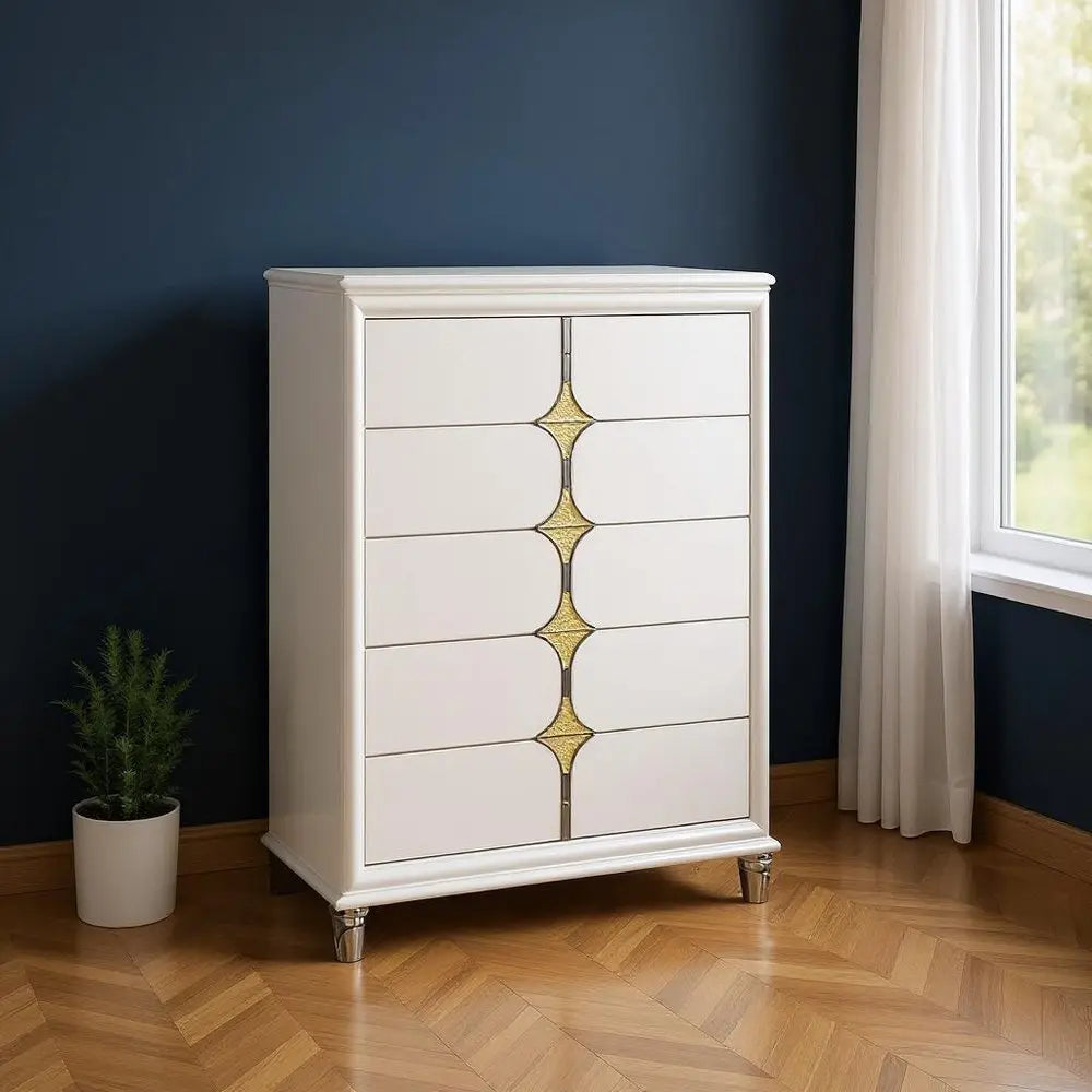 37" White Wood With Gold Faux Crystal Bling Wood Five Drawer Dresser - NOBLE HOME INTERIORS