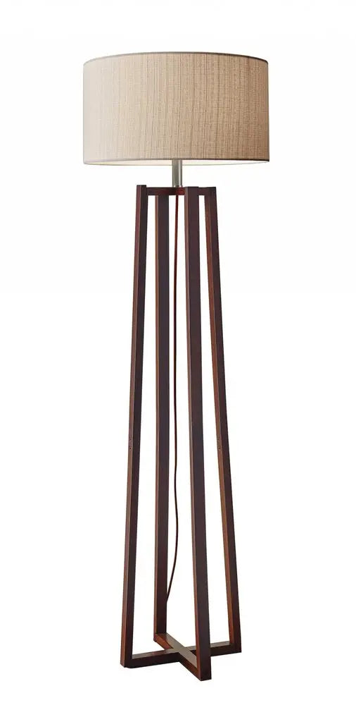 60" Brown Solid Wood Novelty Floor Lamp With Beige Fabric Drum Shade HomeRoots