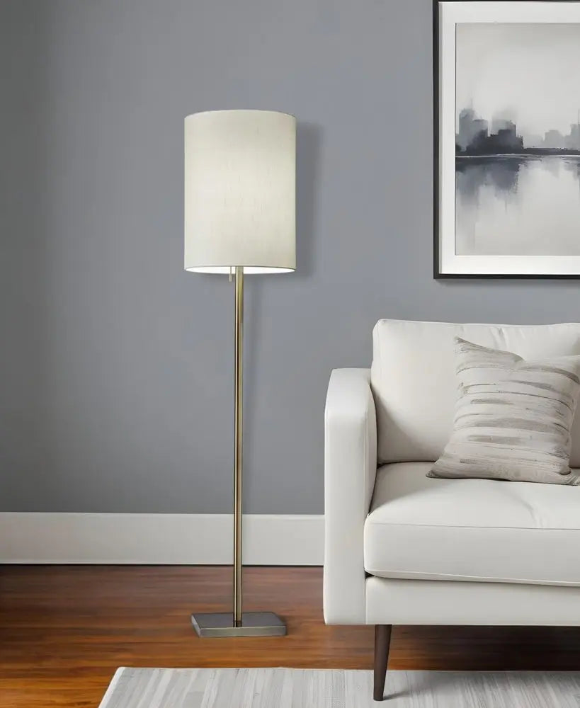 61" Brass Metal Floor Lamp With White Fabric Cylinder Shade HomeRoots