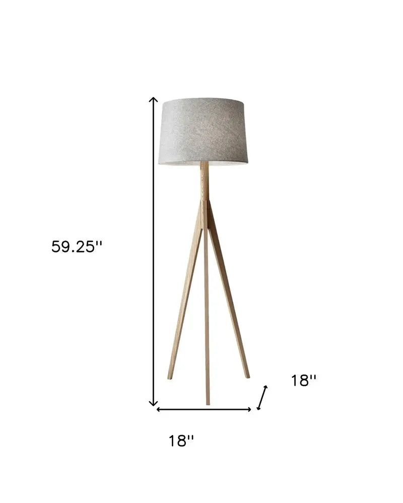 59" Natural Solid Wood Tripod Floor Lamp With Gray Fabric Empire Shade HomeRoots