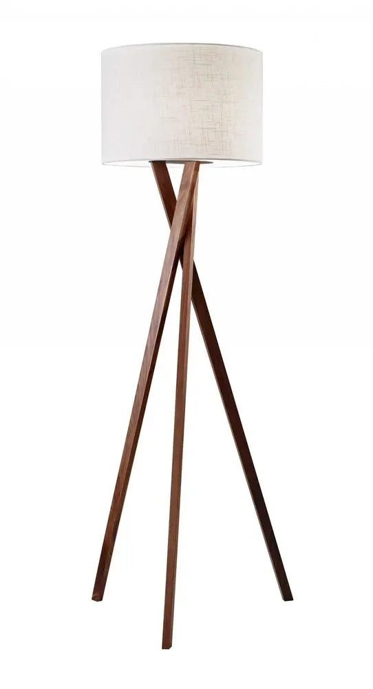 63" Brown And White Solid Wood Tripod Floor Lamp With White Linen Drum Shade HomeRoots