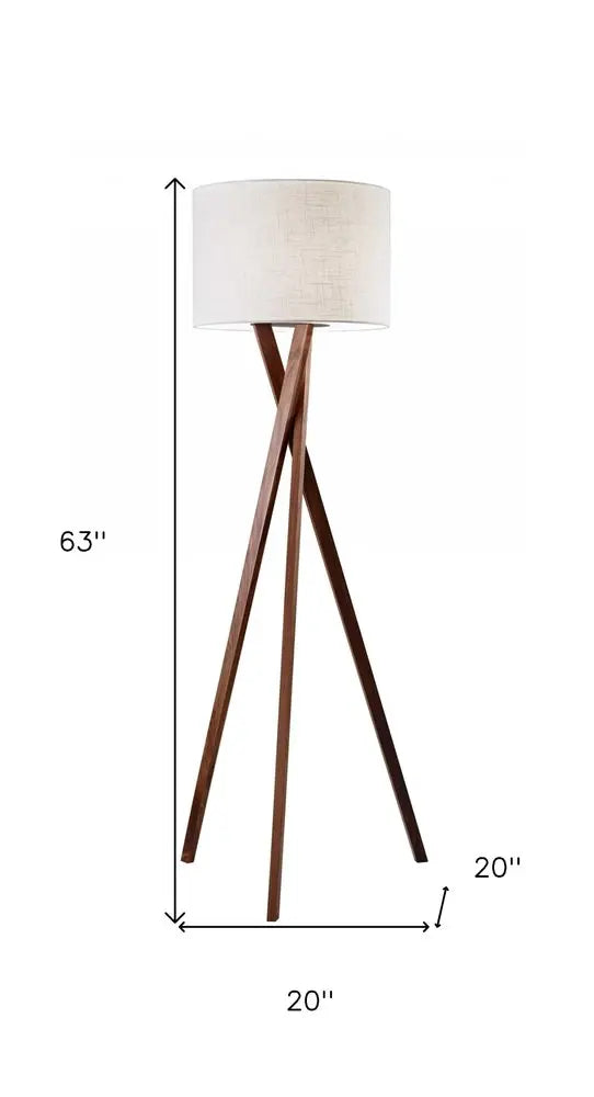 63" Brown And White Solid Wood Tripod Floor Lamp With White Linen Drum Shade HomeRoots