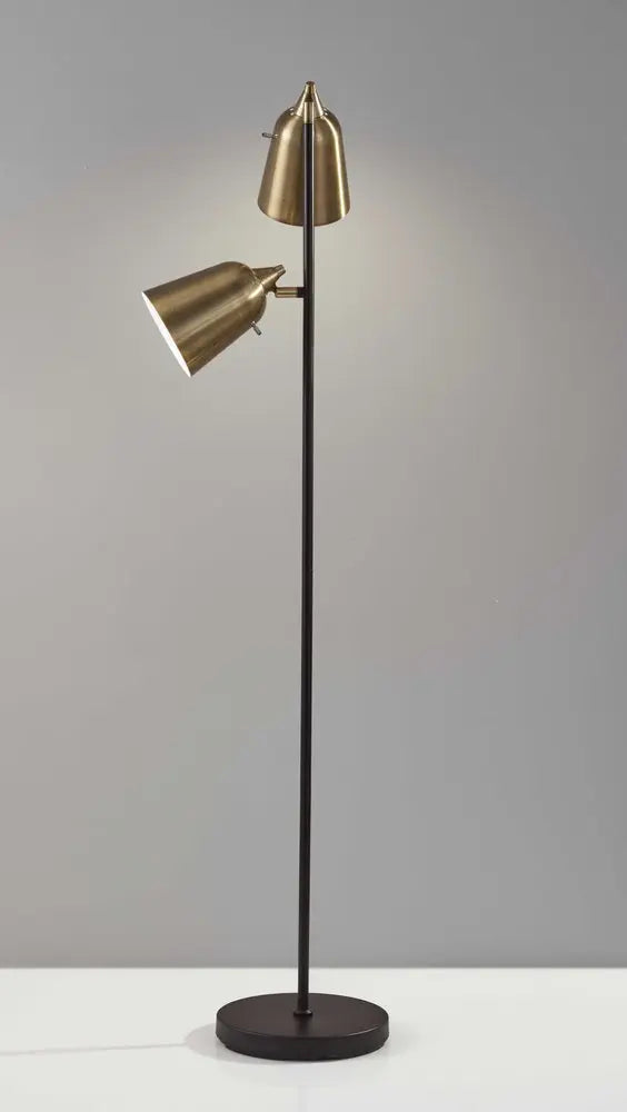 58" Black Two Light Task Floor Lamp With Antiqued Brass Metal Cone Shade HomeRoots