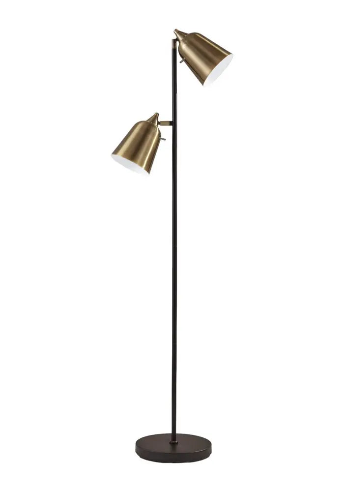 58" Black Two Light Task Floor Lamp With Antiqued Brass Metal Cone Shade HomeRoots