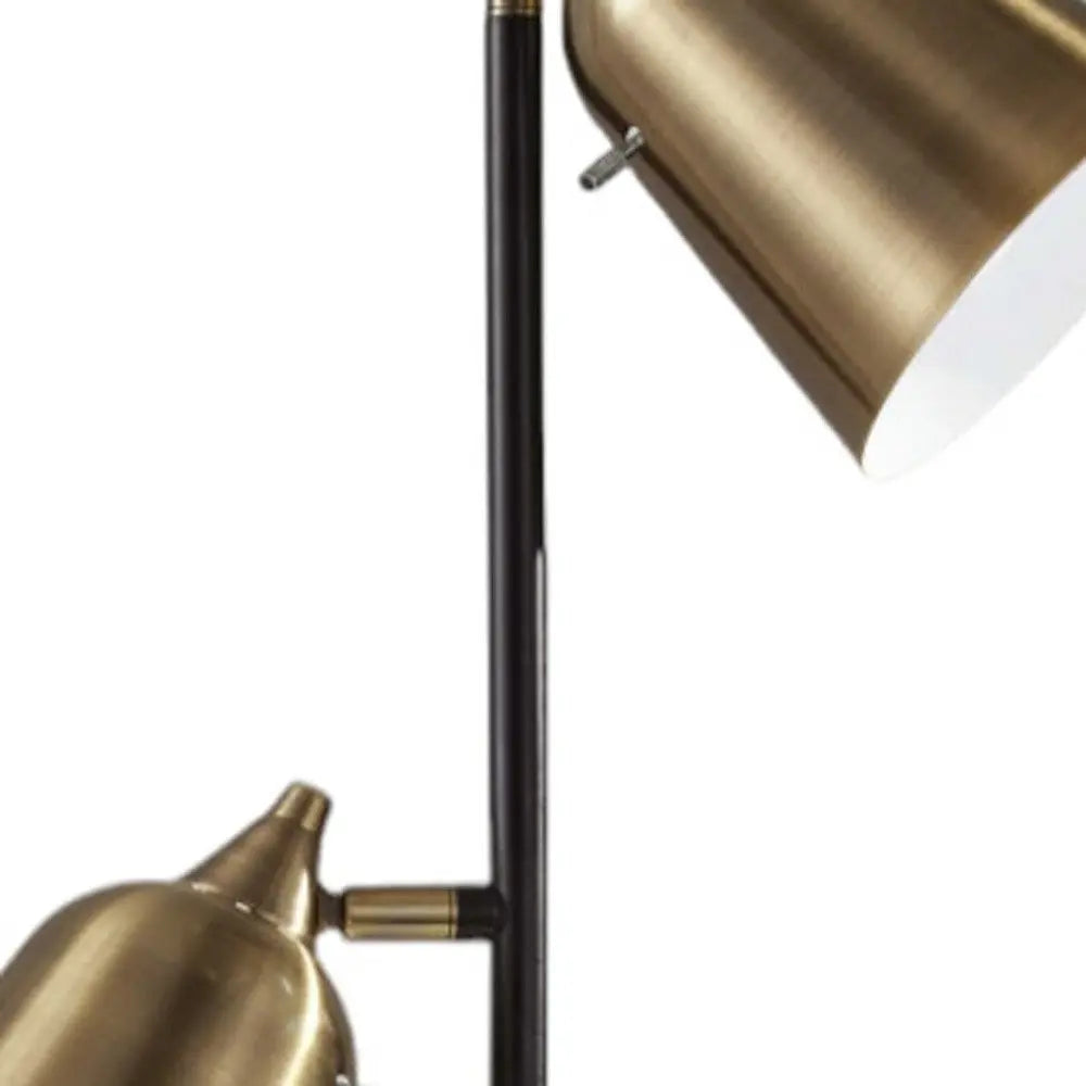 58" Black Two Light Task Floor Lamp With Antiqued Brass Metal Cone Shade HomeRoots